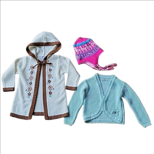 Set 3 Bundle Toddler Girl's Embroidered Long Cardigan Blue Bolero Lamas Wool Hat